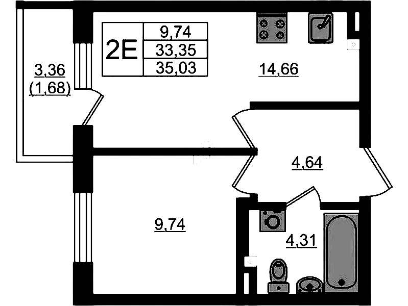 1-комнатная квартира 35.03 м², 2/4 эт., ЖК «Новая история»